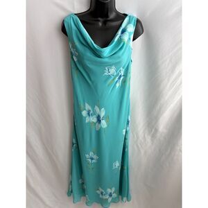 Studio I Slip Blue Midi Dress Floral Chiffon Cowl Neck Fairy Mermaid Size 10